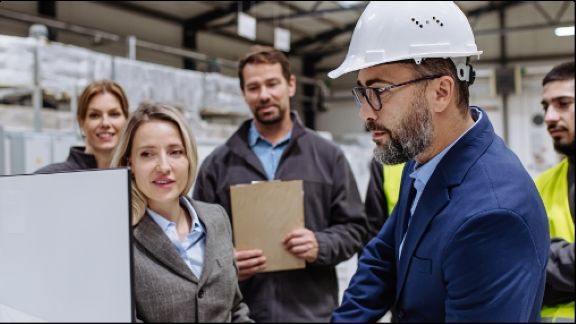 Team reviewing operations data in an industrial facility.